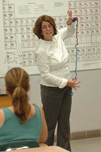 La doctora Belinda Pastrana ilustra la interacción entre proteínas.