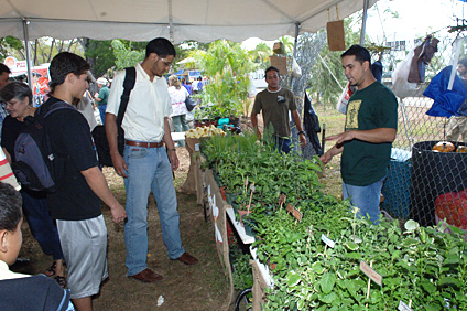 El estudiante José Gilberto Martínez, orienta a los visitantes sobre los usos de las plantas que pueden sembrar en el huerto casero.