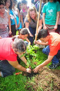 Los estudiantes son asistidos por la doctora Lizzette González, del Departamento de Horticultura, quien les ofrece un pequeño taller de siembra antes de realizar la ceremonia.