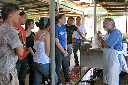 Los estudiantes visitaron la granja de la Estación Experimental de Lajas. El doctor Víctor Siberio (derecha), les explica los manejos de los cerditos.