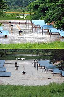 Imágenes que muestran la vulnerabilidad de inundación de los terrenos del municipio de Gurabo, durante eventos atmosféricos tan recientes como las tormentas Emily e Irene. (Suministrada)