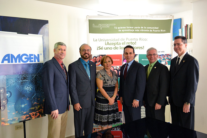 Funcionarios de la Universidad de Puerto Rico y de <em>Amgen</em> anunciaron en conferencia de prensa el inicio del Programa <em>BioTalents</em>.<br>Mariam Ludim Rosa / Prensa RUM