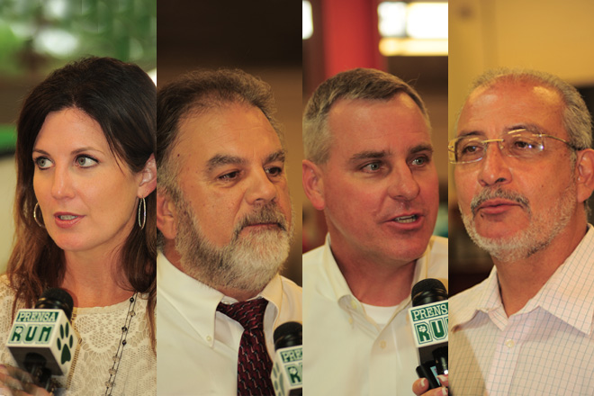 En el orden acostumbrado, por el Cuerpo de Ingenieros, los doctores: Rumanda Young, Carlos E. Ruiz y Patrick Deliman, y el profesor Ismael Pag&aacute;n Trinidad de INCI del RUM.<br>Carlos D&iacute;az / Prensa RUM