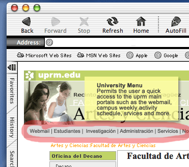Image of a webpage using the University Menu