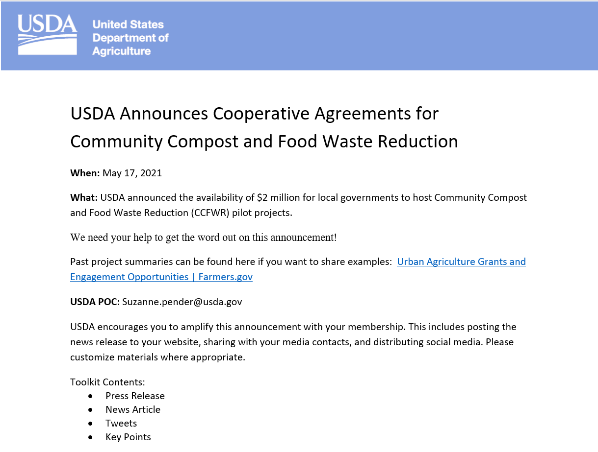 USDA Announces Cooperative Agreements for Community Compost and Food ...