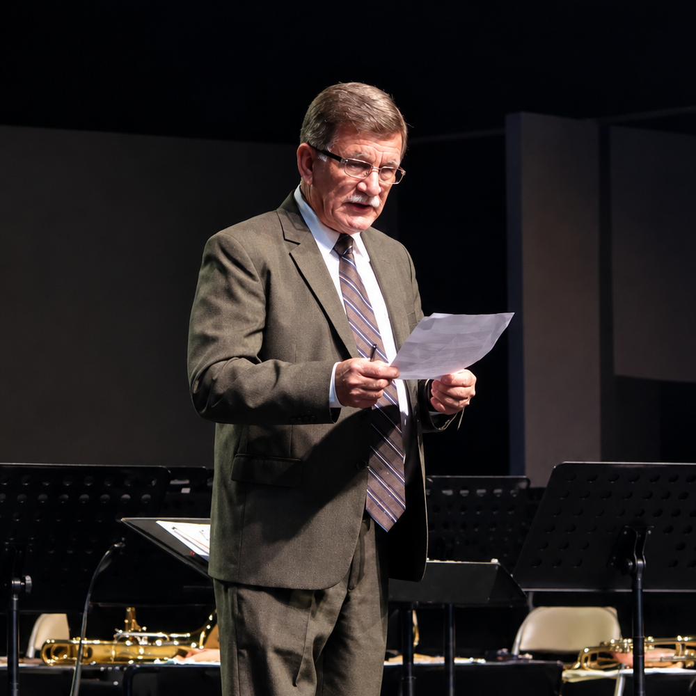 Suit-Clad Speaker Reading on Stage