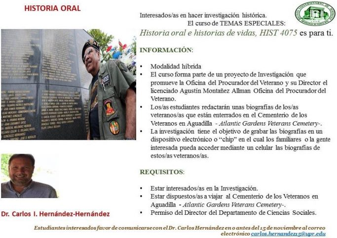 Promomoción del curso HIST 4075. Biografía de veteranos puertorriqueños II. 2