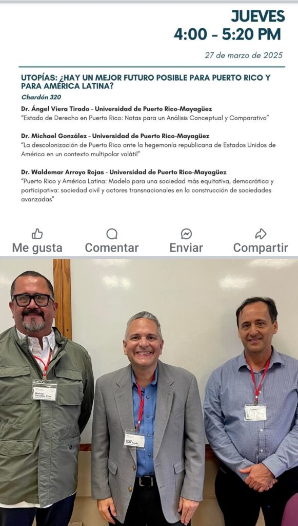 Presentación de Dr. Michael González, Dr. Waldemar Arroyo y Dr. Ángel Viera en el panel; 