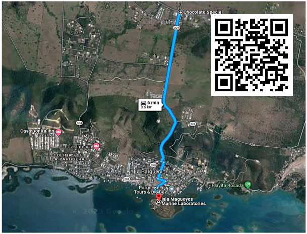 Satellite Image Map of Isla Magueyes with a QR Code that can be scanned with a mobile device. 