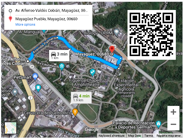 Satellite Image Map of the UPRM in Mayagüez with a QR Code that can be scanned with a mobile device. 