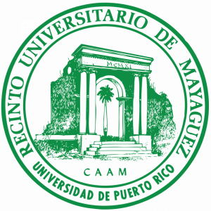 Logo of the University of Puerto Rico at Mayagüez. Green round logo with an arch in the middle. 