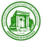 Logo of the University of Puerto Rico at Mayagüez and the Office of Financial Assistance. Green round logo with an arch in the middle. 