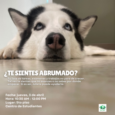 ¿Te sientes abrumado? Lo más probable es que si te sientes abrumado, no estés pensando con claridad. Por lo tanto, es fundamental respirar hondo y tomarse un descanso. Así que ven a visitar a Julieta y junto a ella podrás aprender herramientas para sentirte más tranquilo y lograr pensar con más claridad. 📅 Fecha: jueves 3 de abril de 2025 🕒 Hora: 10:30 am-12:00 pm 📍 Lugar: DCSP - 5to piso Centro de Estudiantes *Espacios limitados (15 espacios disponibles)
