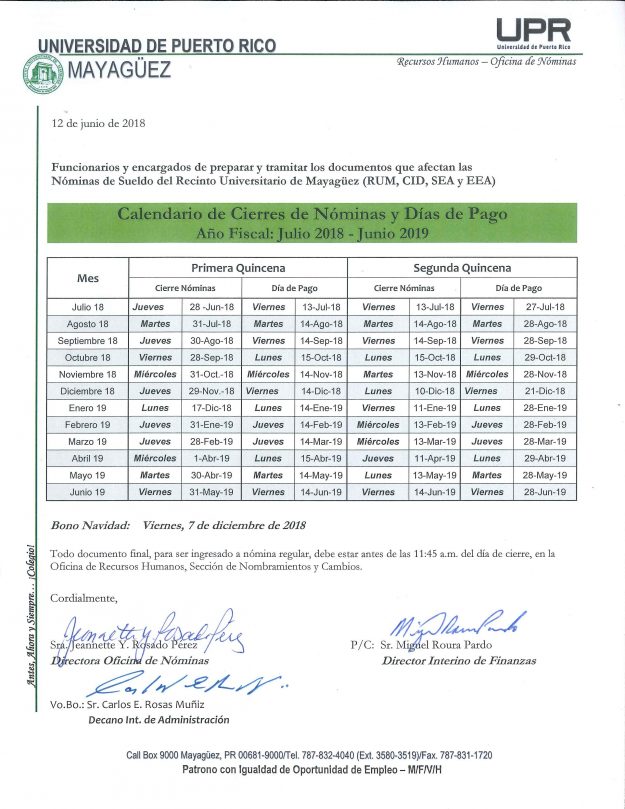 calenda pagos cierre nomina 18-19