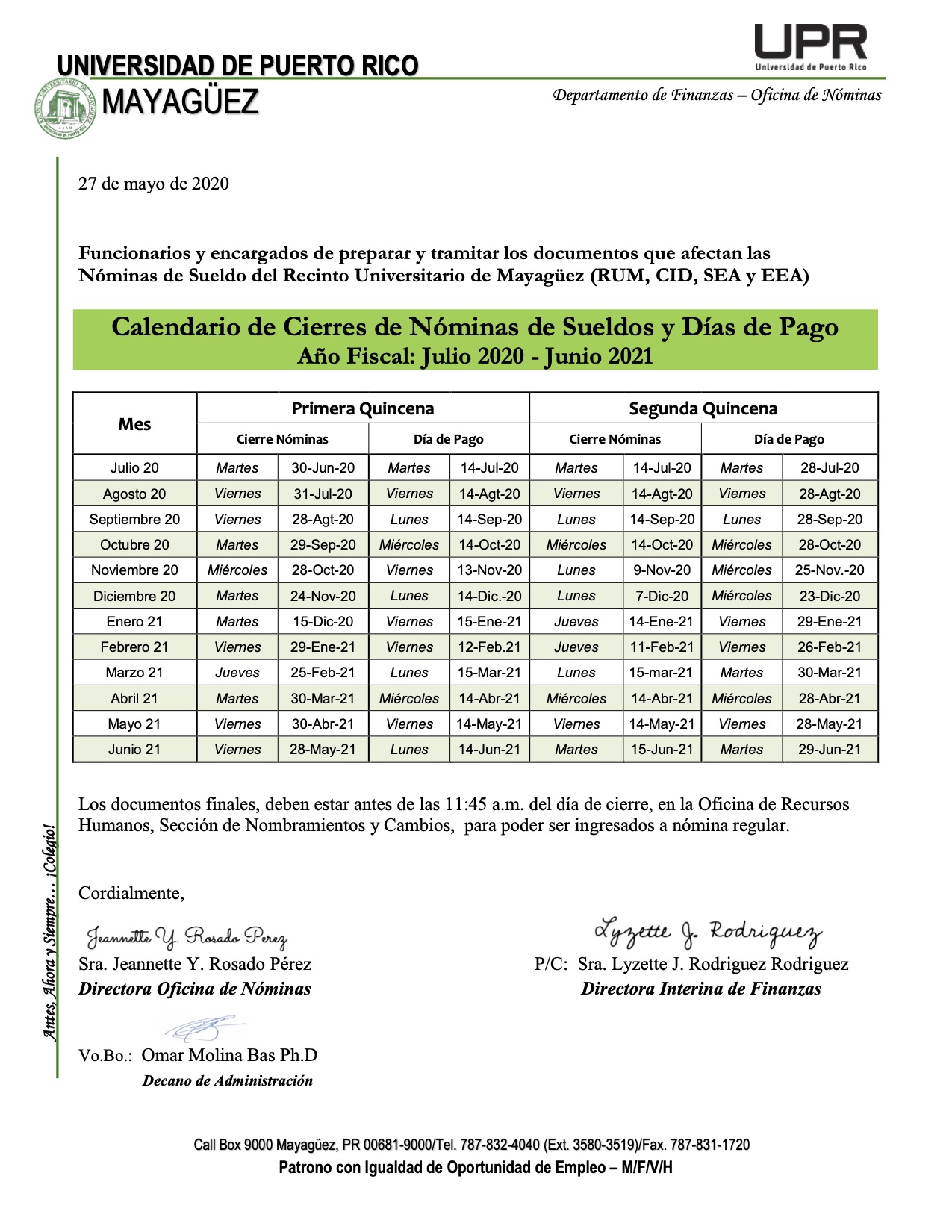Calendario Cierre Nóminas y Días de Pago 20202021 Decanato de