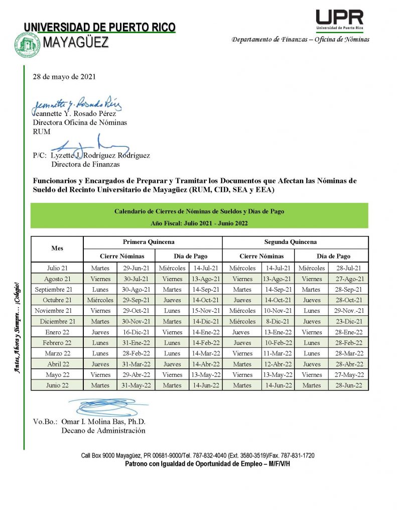 Calendario Cierre de Nóminas y Días de Pago 20212022 Decanato de Administración