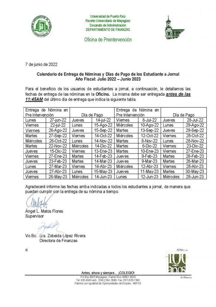 Calendario de Cierre y Pago de Nóminas a Estudiantes Jornales 20222023