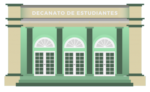 Boceto con la fachada frontal del edificio del Decanato de Estudiantes