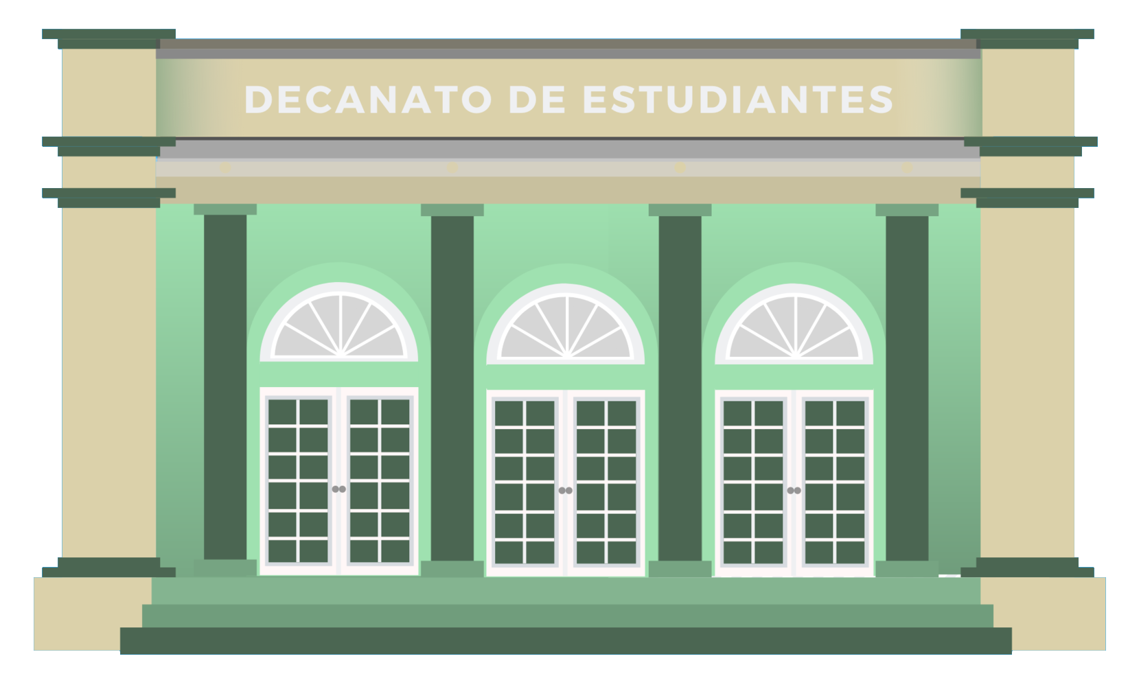 Boceto con la fachada frontal del edificio del Decanato de Estudiantes