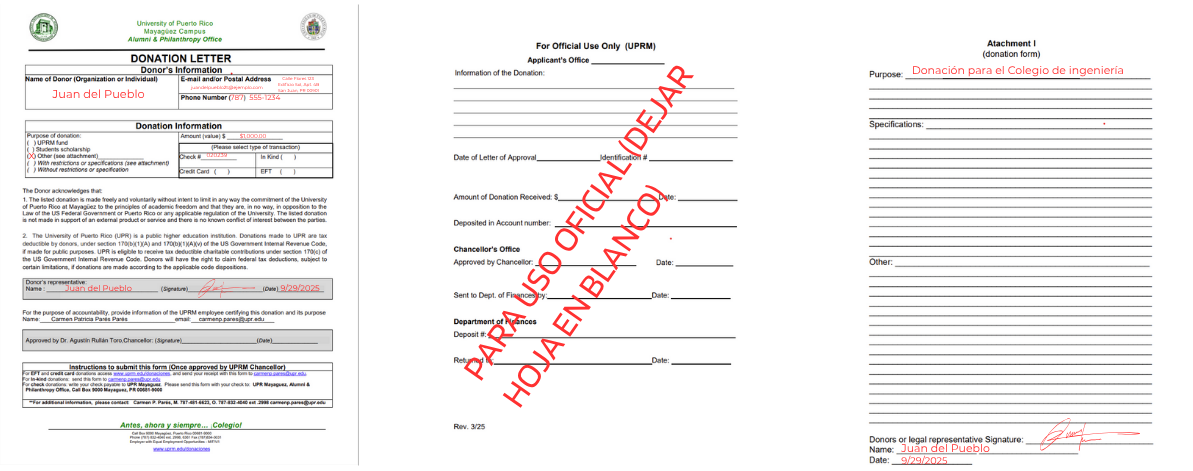 Example on how to fill the required documents to donate to engineering now