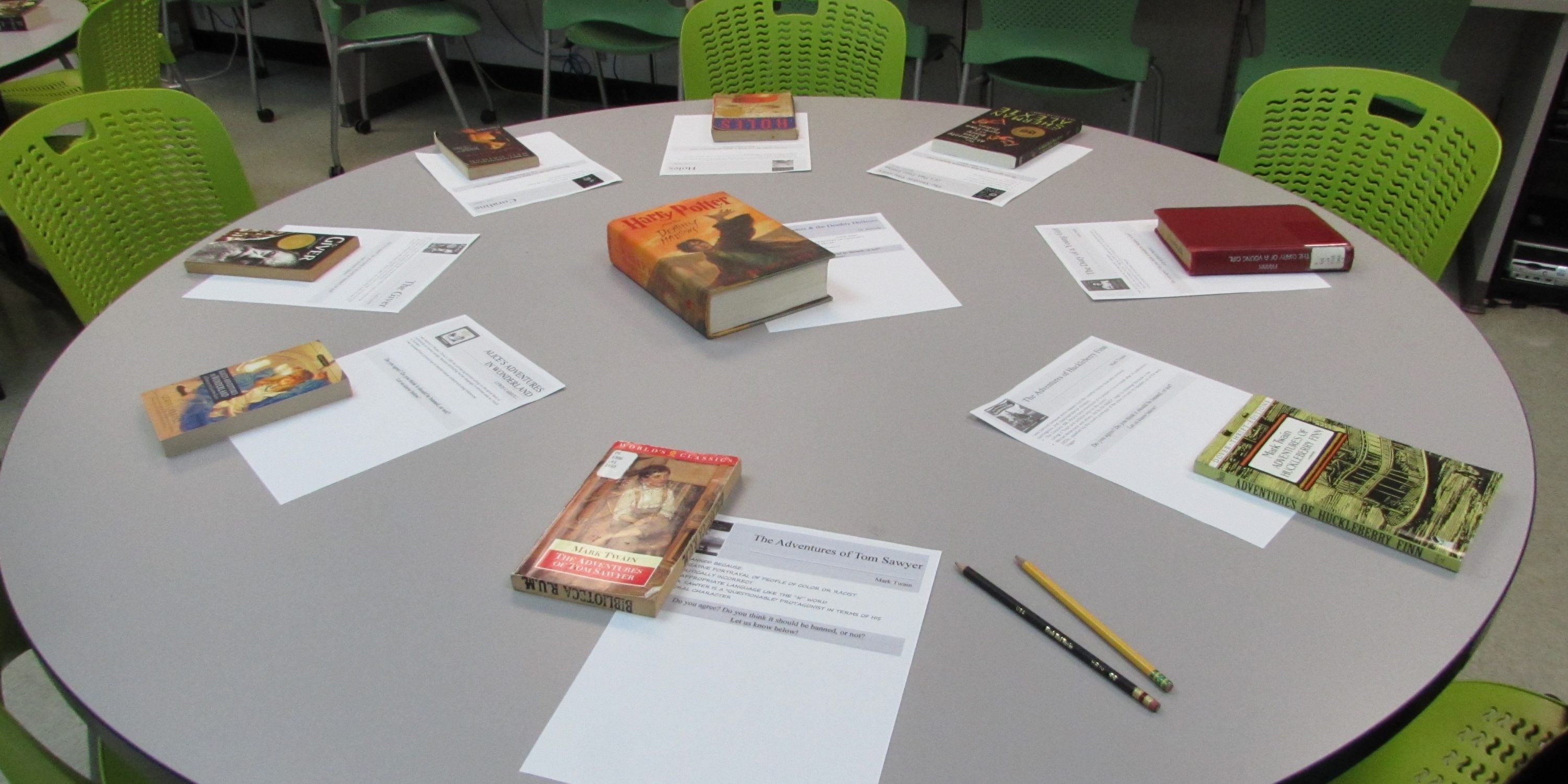 Inside the Banned Book Day recap of 2014. Works of literature presented on the table.
