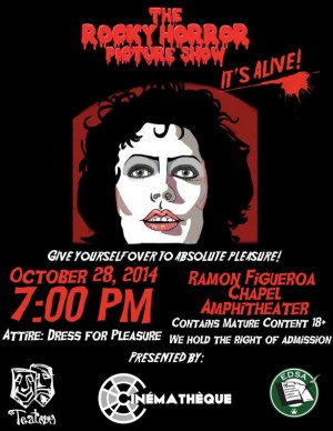 Poster for The Rocky Horror Picture show event which was hosted by multiple associations from college.