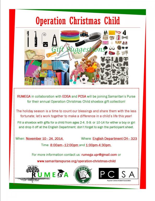 Promotional poster for the RUMEGA Operation Christmas Child. A collaborative event brought by multiple organizations from the English Department.