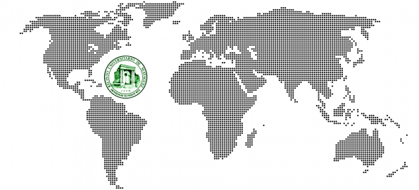 An abstract image of a world map made with dots alongside the logo for the UPRM.