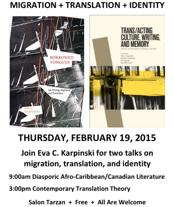 A promotional poster for Uploaded ToJoin Eva C. Karpinski for two talks on migration, translation, and identity.