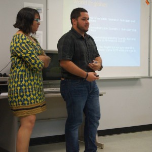 Students presenting material in front of the classroom at the Linguistics Colloquium 2015.