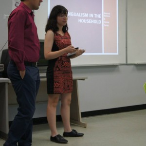 Students presenting material in front of the classroom at the Linguistics Colloquium 2015.