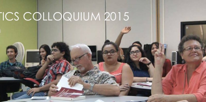 Colloquium Banner Student asking questions and professors going over the material at the 2015 Linguistics Colloquium.