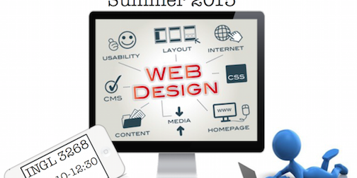 3268flyerweb Image used for the promotion of the course Digital Writing for the Media. A computer is presented with various icons and the words web design in the middle.