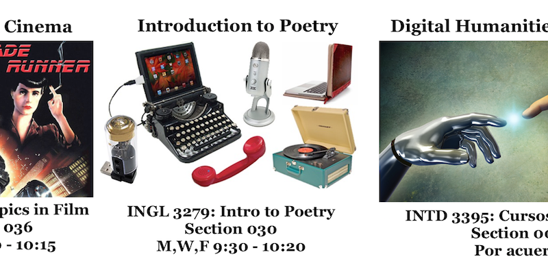 leofall2015 Image used for the promotion of the course Introduction to Poetry. A type writer is presented with an iPad connected to the top, a red telephone, a microphone, and macbook and an old disk player.