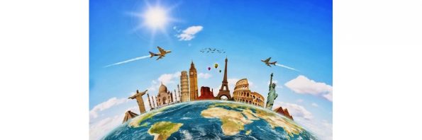 Promotional image displaying airplanes flying over a clear blue sky. The world's most renowned landmarks are presented side by side on top of the globe.