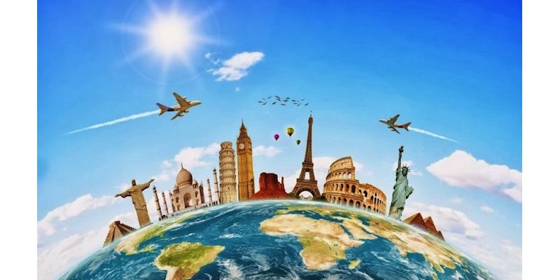 earthtravel Promotional image displaying airplanes flying over a clear blue sky. The world's most renowned landmarks are presented side by side on top of the globe.