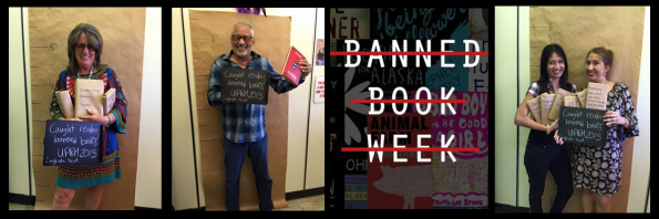 A professor from college is posing as if taking a mug shot while holding a copy of a banned book.