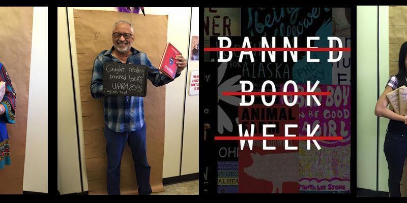 Featured Image A professor from college is posing as if taking a mug shot while holding a copy of a banned book.