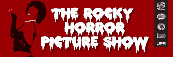 The iconic title of the movie The Rocky Horror Picture Show in its memorable dripping front over a red background.