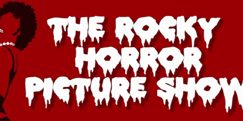 Rocky Horror Picture Show Header The iconic title of the movie The Rocky Horror Picture Show in its memorable dripping front over a red background.