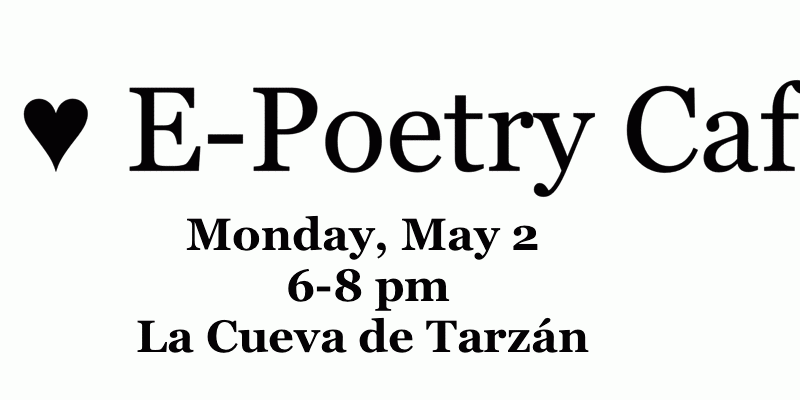 Promotional image for the E-Poetry reading event. Just text in black and white.