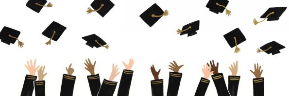 Promotional image of drawn hands throwing their graduation caps high in the air.