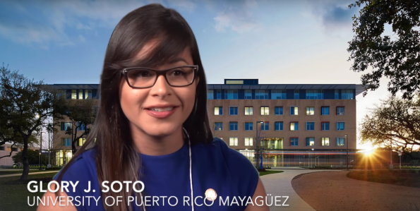 Graduate Student Glory Soto interviewed for TexLER can be seen on the right with a building as a background.