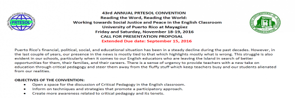 All text, promotional image for the Call for Proposals 2016 PRTESOL Convention.