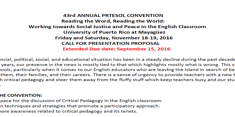 PRTESOL All text, promotional image for the Call for Proposals 2016 PRTESOL Convention.