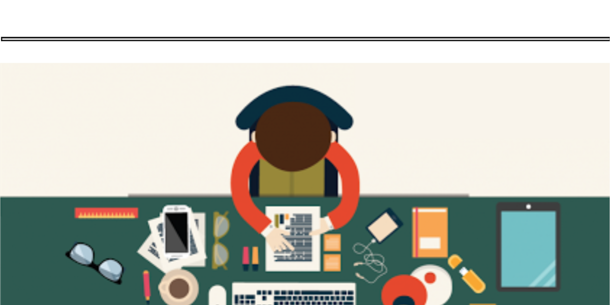 screen-shot-2016-09-09-at-3-58-32-pm Promotional image for a presentation in Journalism in Digital Media. The image depicts a person sitting by a desk with multiple objects on top such as a computer, a tablet, an pm3 player, notepads, pencils, and such.