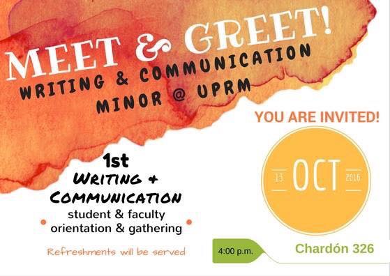 Promotional image for the Minor in Writing and Communication Meetup.