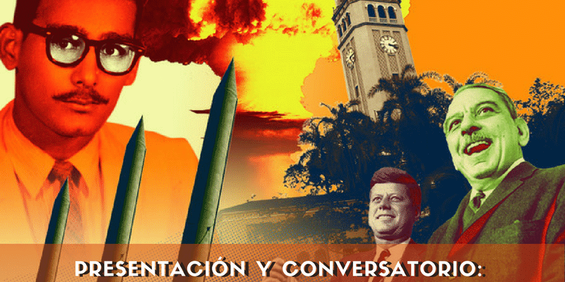 materatomicaflyer Promotional image for a series of documentaries portraying multiple well known figures such as John f. Kennedy, others such as missiles and a clock tower, and such.