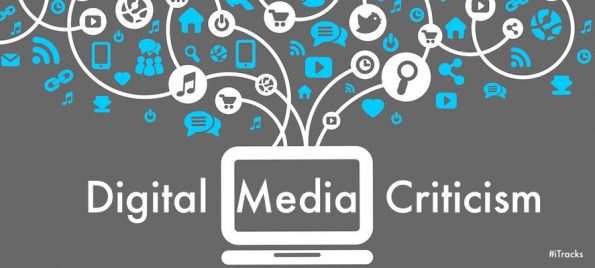 Image used for the promotion of the course Digital Media Criticism. Several icons are displayed and among them is a computer, the twitter bird, a shopping cart, and so on.
