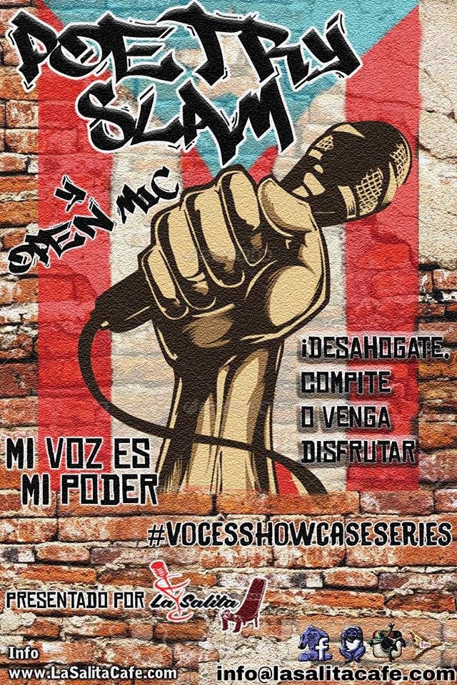 Poetry Slam flyer with Puerto Rican flag and a microphone.